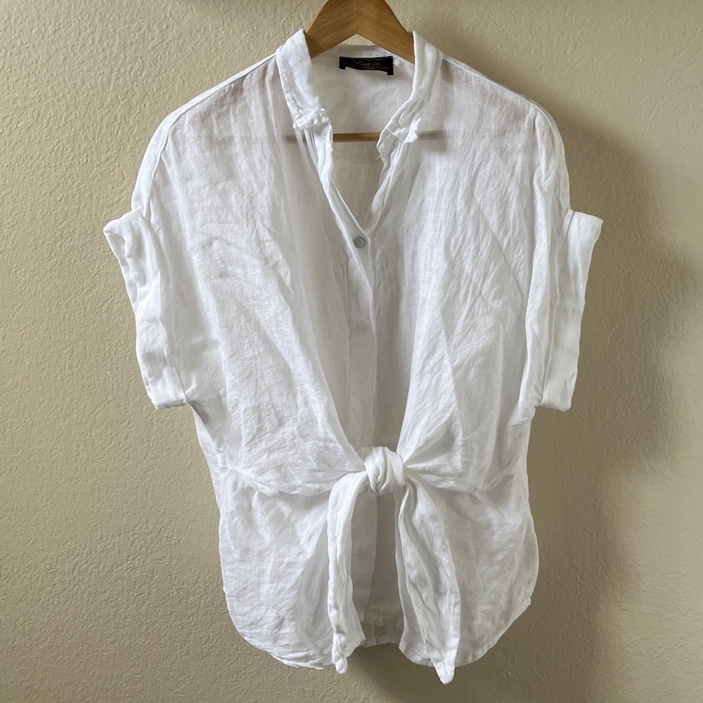 Women's White Linen Button-Front Tie Hem Top